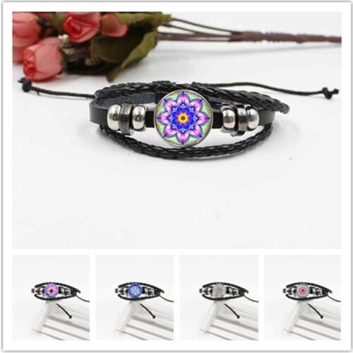 Fashion high quality mandala crystal glass bracelet woven leather gift jewelry accessories