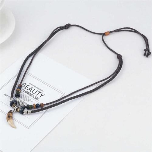 Mens Vintage Wolf Tooth Pendant Beaded Multilayer Leather Rope Necklace Jewelry