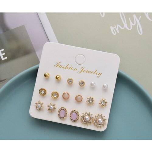 European And American New Set Earrings Simple Personality Alloy Diamond Geometric Round Flower Combination
