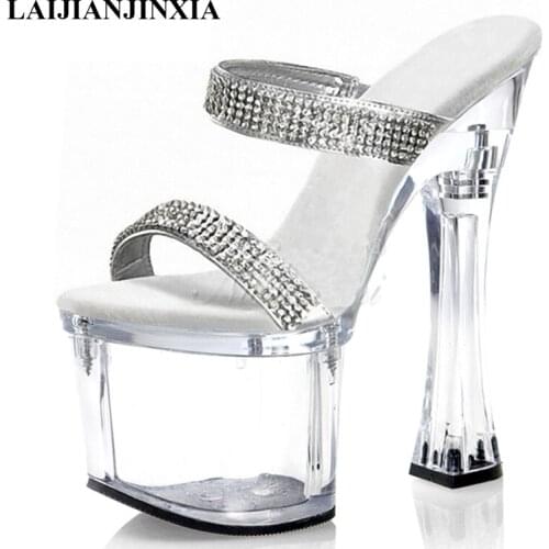 LAIJIANJINXIA New 18cm Super High heeled shoes Clear Slippers Sexy Womens Slippers Rhinestone Models Party Dress Sexy Shoes