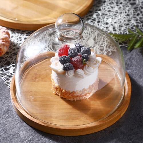 1 Set Display Tray Cake Dish With Glass Lid Wooden Display Tray Dessert Glass Cover Fruit Pastry Bread Tasting Tray Belt Cover