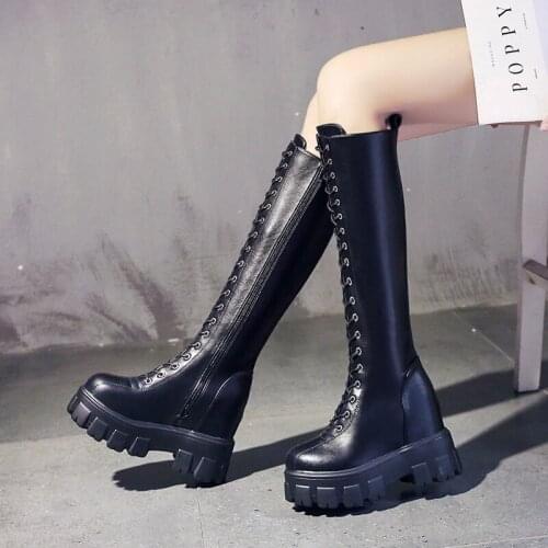 Chunky Platform Boots Pu Leather Knee High Boots Women Retro Punk Height Increasing Long Boots Woman Lace Up Booties Mujer 2020