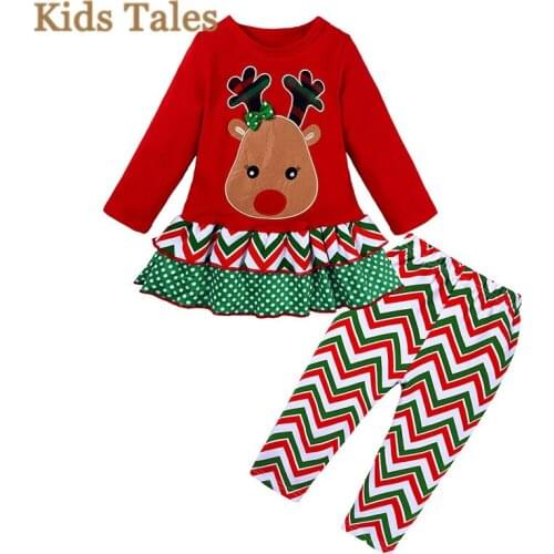SJR-371 Baby Clothes cute Christmas Kids Baby Girl Tops 3D deer embroider tops + Wave Pants Leggings 2pcs Outfit Set XMAS