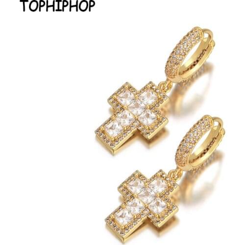 TOPHIPHOP Ice Out Square Zircon Cross Drop Earrings High Quality Gold Plated Cross Earrings For Womens Birthday Gifts