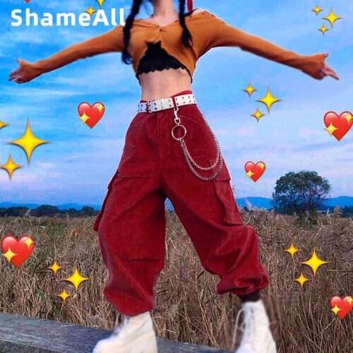 Corduroy E-Girl Y2K Pocket Cargo pants women Harajuku High Waist wide leg 90S Streetwear Sweatpants Baggy hip hop jogger Trouser