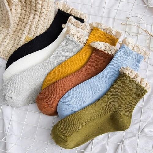 Japanese Harajuku Lace Sweet Lady Cotton Socks Women Solid Color Korean Woman Socks for Spring Autumn 121001