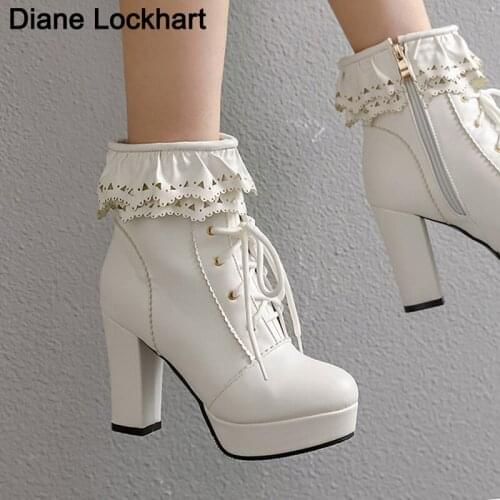 Ladies Lace Up Ankle Boots Women Shoes Sweet Lace Lolita Cute Cosplay Platform Botas Ladies High Heels Boot Female Plus Size 43