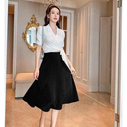 Women Korean Elegant Vintage Sexy Turn-down Collar Puff Sleeve Cross Lace Short Top Shirt Blouse High Waist Skirt 2 Pieces Set