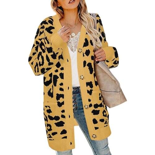 Leopard Knitted Sweater Women Yellow Plus Size Loose Cardigans 2019 Autumn Winter Fashion Khaki Single-breasted Sweaters CX1036