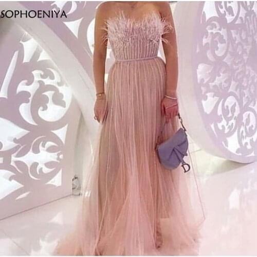 New Arrival Tulle Pink Long evening dress Plus size Beading Feathers Prom Party dress women evening gown robe de soiree 2021