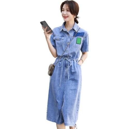 Elegant Pullover Denim Mid-Calf Dress Women Lapel Single-Breasted Elastic Waist Bowknot Lace-Up Front Split Short-Sleeve Summer