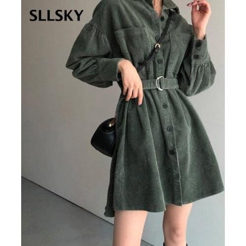 SLLSKY Chic Corduroy Women Dress Elegant Loose Belt Turn-down Collar Dress Lantern Long Sleeve Single Breasted Vintage Dress