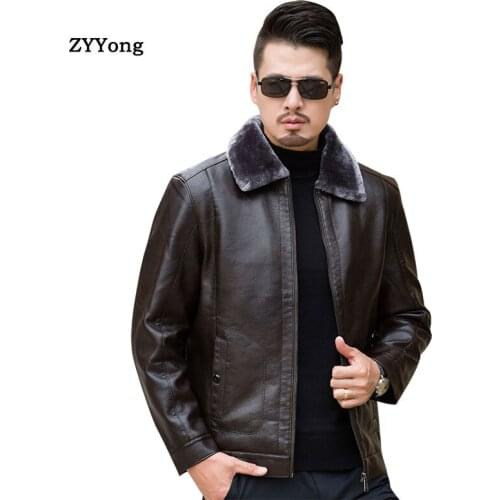 Winter Leather Jacket Men Jacket Fleece Fur Turndown Collar Parka Coat Overcoat Plus Velvet Warm PU Large Size Classic Outwear