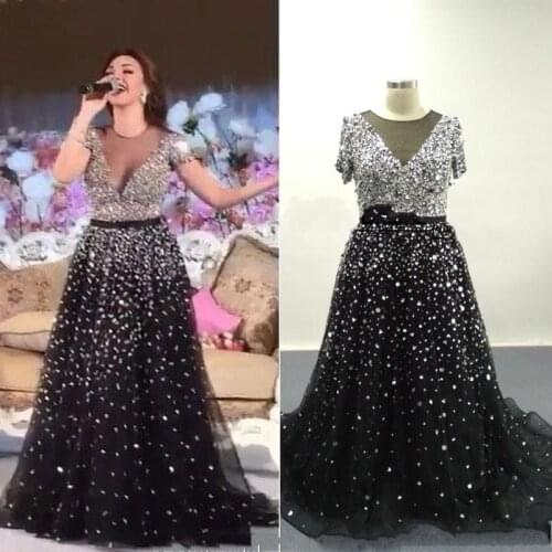 Black Prom Dresses 2020 Vestidos de Noiva Sheer Crew Neck Short Sleeves Blingbling Beaded Crystal Celebrity Evening Gowns