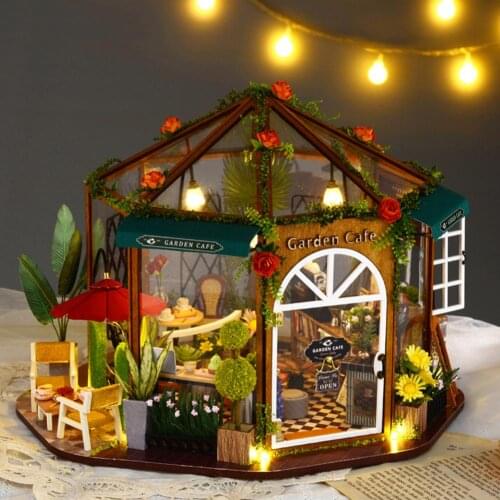 DIY Miniature Flower Coffee House Model Kit With Dust Cover Led Light Wooden Miniature Dollhouse Children Adult Drop Shipping
