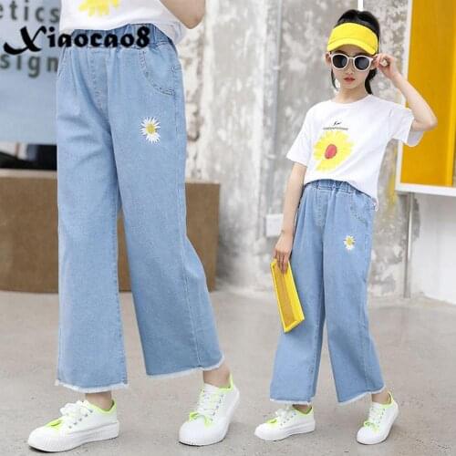 Teenage Girls Denim Pants Kids Soft Wide Leg Jeans For Girls Spring Summer Thin Trousers Todder Big Girls Loose Clothes 8 10 12