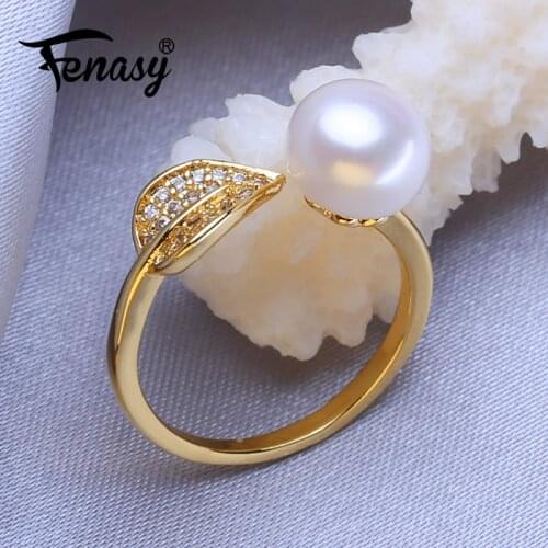 FENASY Natural Freshwater Pearl Rings For Women Bohemian Adjustable Gold Color Leaf Ring Female Party Wedding Jewelry