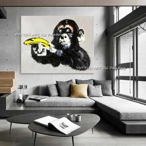 Handmade Graffiti Street Monkey with Banana Canvas Oil Painting Posters Wall Art Posters Animals Pictures for Home Decor