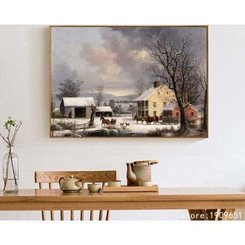 Cotton no frame classical house carriage snow canvas printings oil painting printed on cotton home wall art decoration pictures