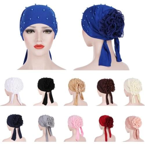 Womens Beads Flower Hats Muslim Cancer Chemo Cap Beads Beanie Caps Skullies Head Wrap Pearls Long Tail Hair Loss Bonnet Fashion