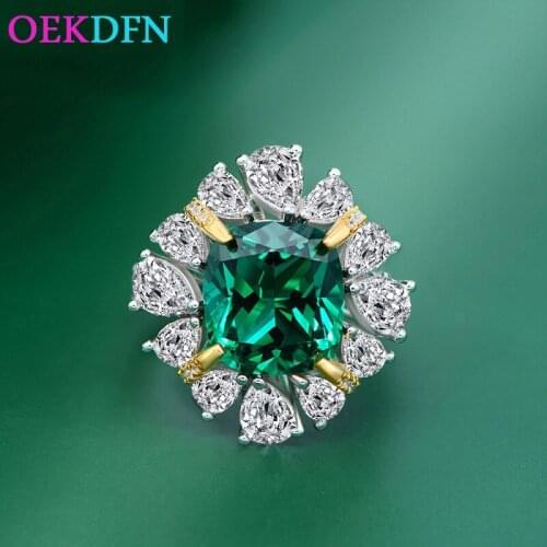 OEKDFN 925 Sterling Silver Women Ring 10*11mm Created Emerald Gemstone Wedding Engagement Jewelry Rings For Women