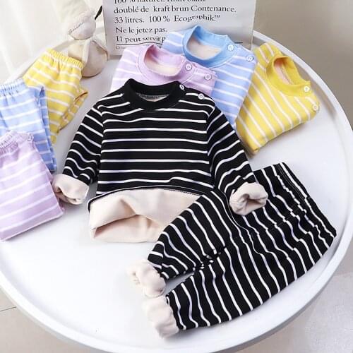 Spring Autumn Children Clothes Sets Baby Boys Girls Thick Warm Velvet Pullover Coat Tops+Pants 2Pcs Kids Thermal Underwear