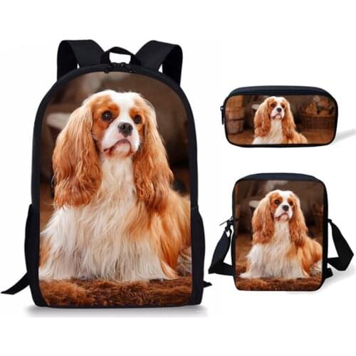 Animal School Bags Set Cavalier King Charles Spaniel Dog Print 3pcs School Backpacks for Cute Kids Leisure Daypack