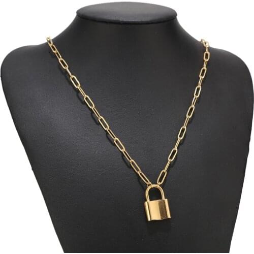 Fashion Lock Pendant Necklace Simple Punk Padlock Chain Link Necklaces for Men Women-Gold