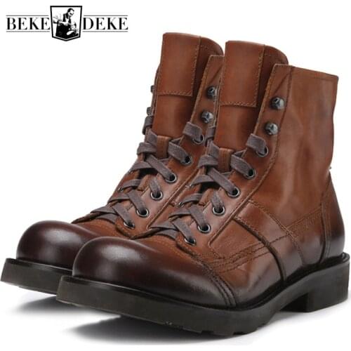 Retro Luxury Brand Fleece Liner Round Toe Snow Boots Men Genuine Leather Winter Warm Military Boots Mid-Calf High Quality Shoes
