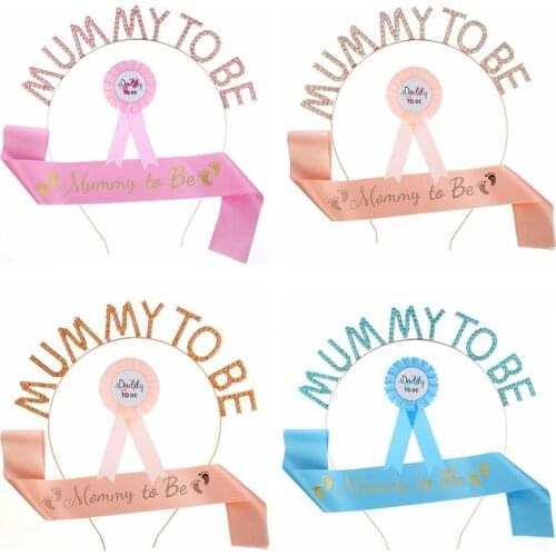 Baby Shower Boy Girl Blue Pink Mommy Daddy To Be Badge Shoulder Sash Headband Gender Reveal Party Baby Shower Decorations Supply
