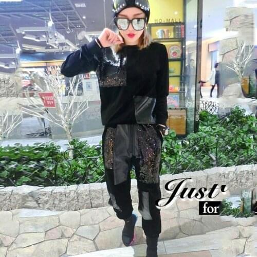 2020 Autumn Nine Pants Long Sleeve Top 2 Piece Set Women European Elastic Waist Gold Velvet Patchwork Sequins Harem Casual Pant