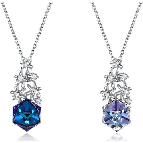 SILVERHOO Christmas Snowflake 925 Sterling Silver Pendant Necklaces Women Square Austria Crystal Romantic Necklace Fine Jewelry