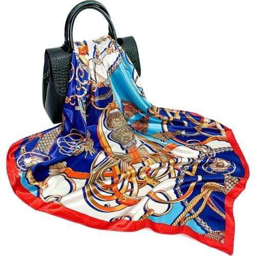 2021 New Women Fashion Square Scarf Bandana Vintage Belt Print Shawl Hijab Imitate Silk Satin Kerchief Stole 90*90cm