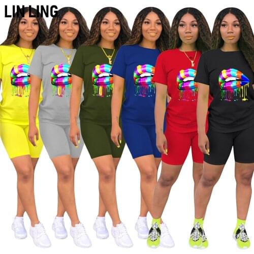 LINLING Round Neck Lipped Print Loose Fitting Pullover T-shirt + Basic Pants 2-piece Sportswear Womens Outfits Short Sets