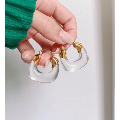 Lifefontier Transparent Resin Circle Hoop Earrings Geometric Round Gold Color Copper Alloy Earrings For Women Korean Jewelry