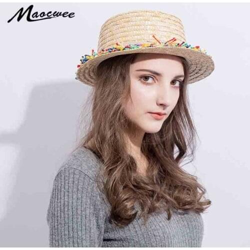 Wholesale Sun Flat Straw Hat Boater Hat Girls Fringed Colorful Tassel Summer Hats for Women Beach flat Panama Straw Hat Femme