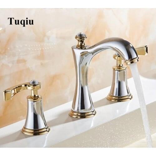 Basin Faucets Brass Polished Chrome Gold Deck Mounted Crystal Bathroom Sink Faucets 3 Hole Double Handle Hot And Cold Water Tap