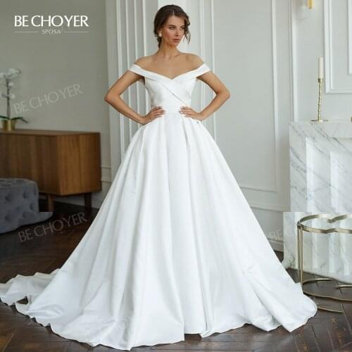 Wedding Dress Sweetheart Satin Off Shoulder A-Line Bride Gown Princess Court Train BECHOYER AK29 Customized Vestido De Noiva