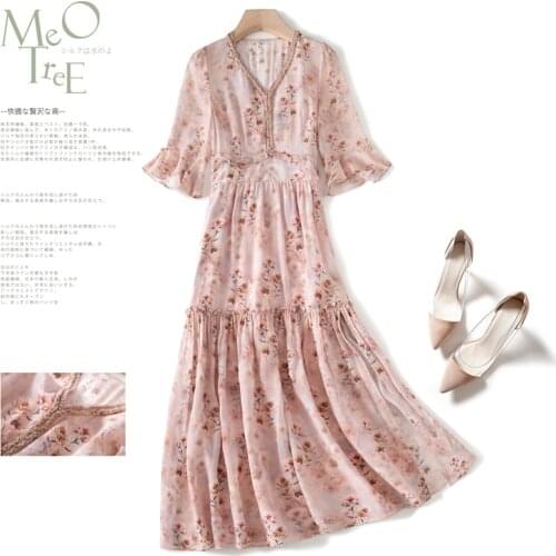 High Quality 100% Silk Summer Dress for Women 2021 Floral Beach Dress Female Elegant Long Dresses Vestido De Mujer Pph4822