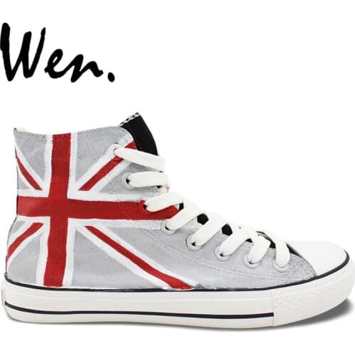 Wen Grey Blue Hand Painted Shoes Design Custom Union Jack UK Flag Men Womens High Top Canvas Sneakers Christmas Gifts
