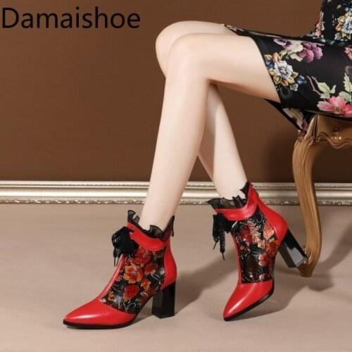 Ethnic Style Large Size Printed Short Boots Womens Soft Leather Chunky Heel High Heel Martens Boot 2021 New Ankle Fashion Boots