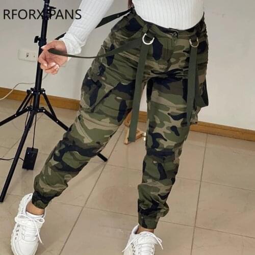 Women Pants Camouflage Print Pocket Deisgn High Waist Cargo Pants for Women 2021