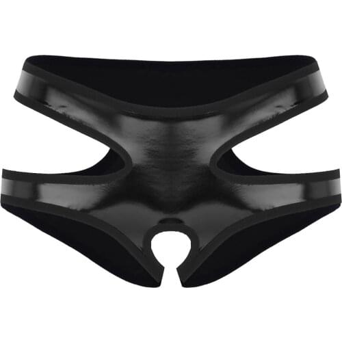 Sexy Panties for Women Femme Lingerie Wetlook Patent Leather Faux Leather Crotchless Hollow Out Low Rise Briefs Ladies Underwear