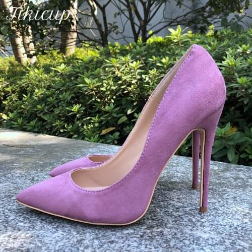 Tikicup Women Pink Flock Pumps Sythetic Suede Pointy Toe Stilettos Elegant Ladies Formal Slip On High Heels Fashion Dress Shoes