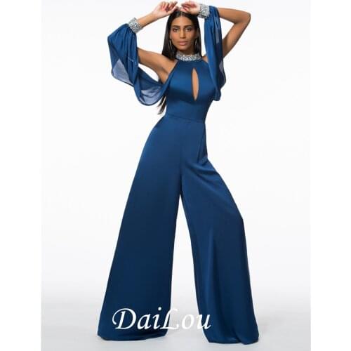 Sheath/Column Floor-Length High Neck Open Shoulder Sequins Satin Chiffon Beading Evening Jumpsuits 2021