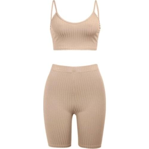 Women 2 Piece Tracksuit Spaghetti Strap Crop Top Biker Shorts Set Ribbed Striped Solid Color Lounge Active Outfit