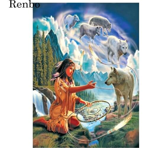 5D Diamond Painting Diamond Mosaic Embroidery Indian Woman Wolf DIY Cross Stitch Animals Picture Needlework Home Decor Craft