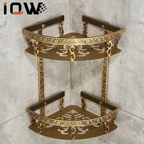 Antique Brass Bathroom Shelves 2 Layers Nail Free Shower Corner Shelf Wall Mount Shampoo Storage Shelf