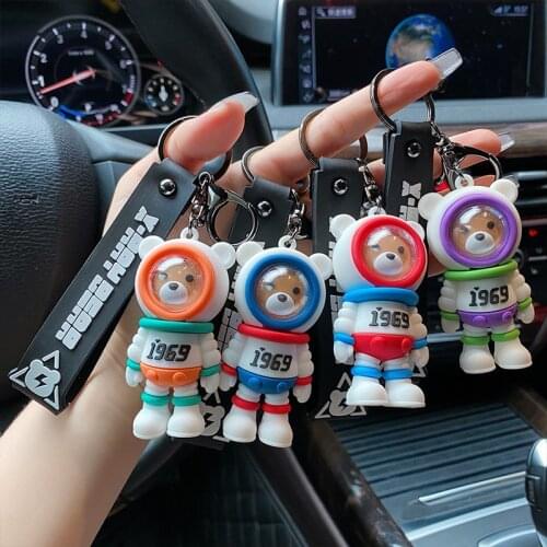 Creative Space Interstellar Exploration Bear Keychain Cute Cartoon 1969 Bear Doll Keyirng Couple Car Bag Pendant Keyfob Ornament