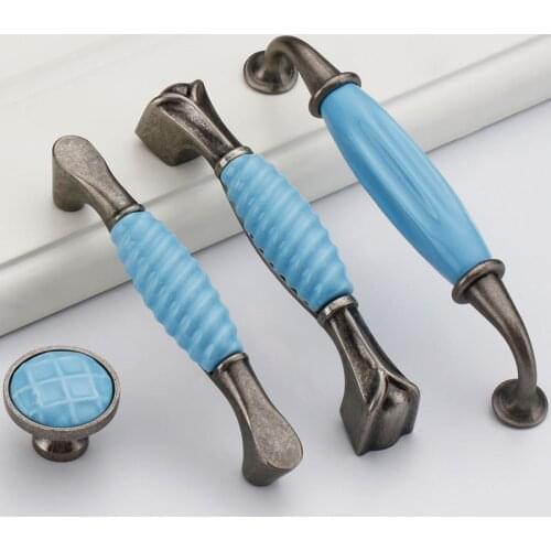 Chinese Ceramic Zinc Alloy Decorative Furniture Knobs Cabinet Wardrobe Door Handle Matte Blue Drawer Flush Handles Hardware
